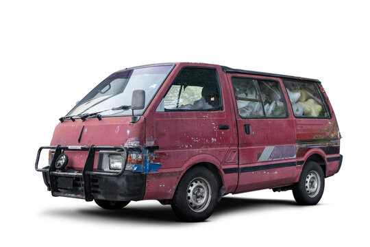Old rusty red van isolated on transparent background