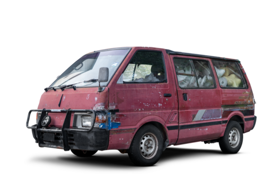 Old rusty red van isolated on transparent background