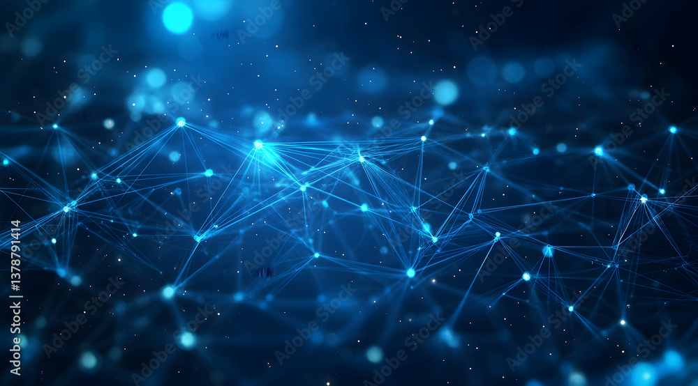 Poster abstract digital blue background with glowing connections and nodes forming an intricate network of 