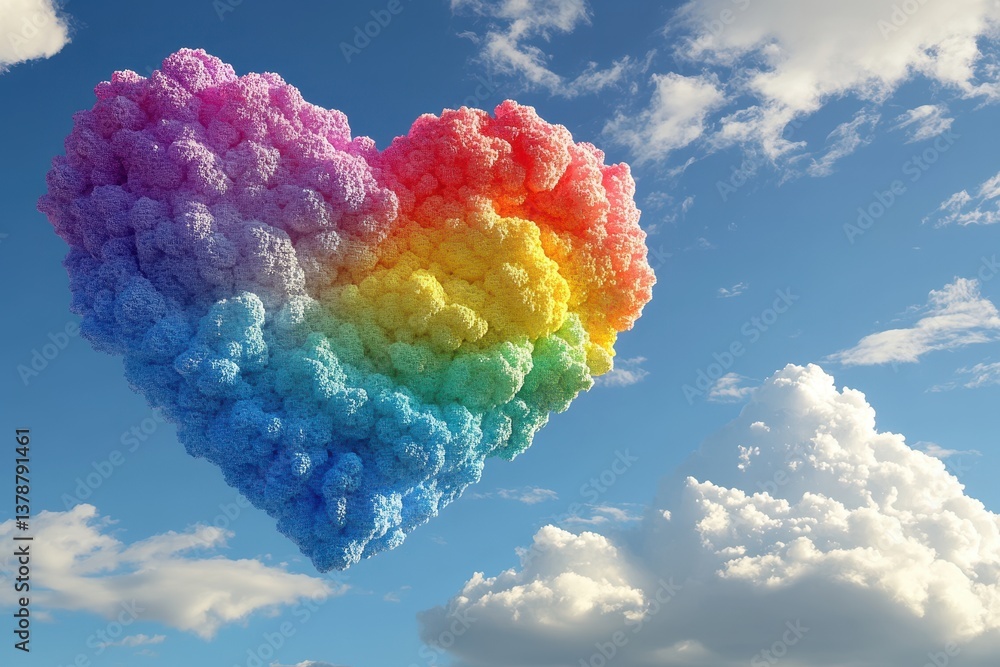 Poster 3d render of rainbow heart with clouds on sky background love concept colorful heart in the form of 