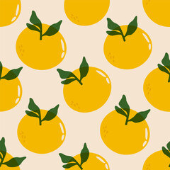 Oranges seamless pattern. Citrus orange fruit with leaves, tangerine and mandarin background cartoon style, summer print for fabric wrapping paper. Vector orange endless texture