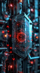 Fototapeta premium Firewall shield protects industrial machinery from digital threats with red arrows and virus icons