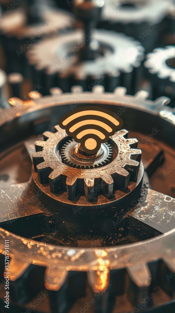 Poster machine gear icon transmitting wireless signals to connect with a cloud database, highlighting iot d