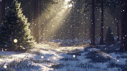 Old vintage photo. Tree pine spruce in magic forest winter with falling snow sunny day. Snow forest snowfall. Christmas Winter New Year background trembling scenery.