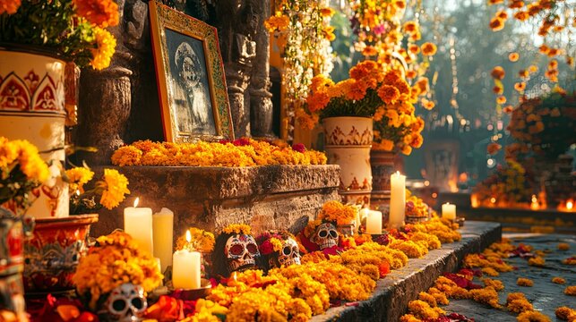 Celebration of life and remembrance with a vibrant Mexican ofrenda on D&iacute;a de los Muertos featuring marigolds, candles, and personal tributes