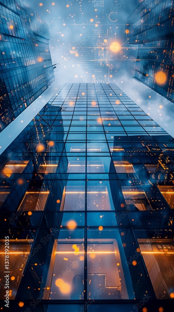 Poster transformation of traditional business architecture into modern digital networks exemplifying progre