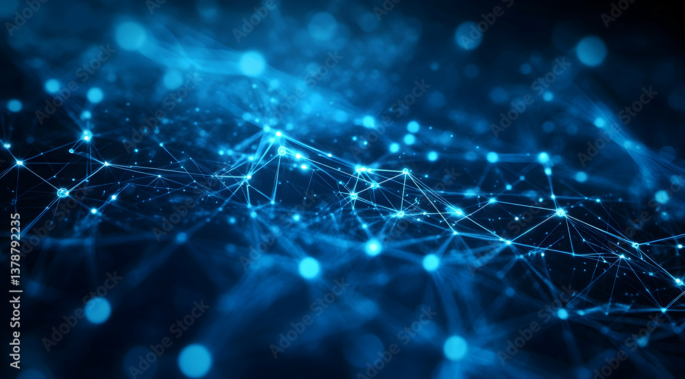 Poster abstract digital blue background with glowing connections and nodes forming an intricate network of 