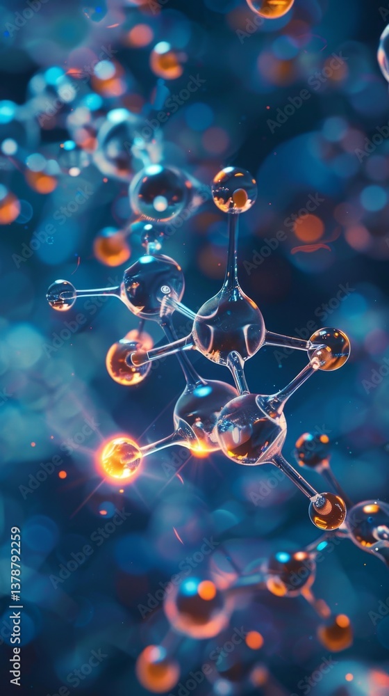 Poster stylized atomic structures merging with engineered materials to depict advancements in materials sci