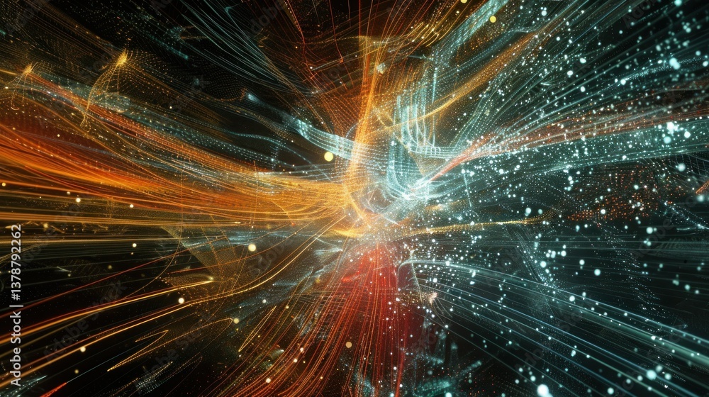 Poster a network of abstract nodes and data flows connecting in cyberspace.