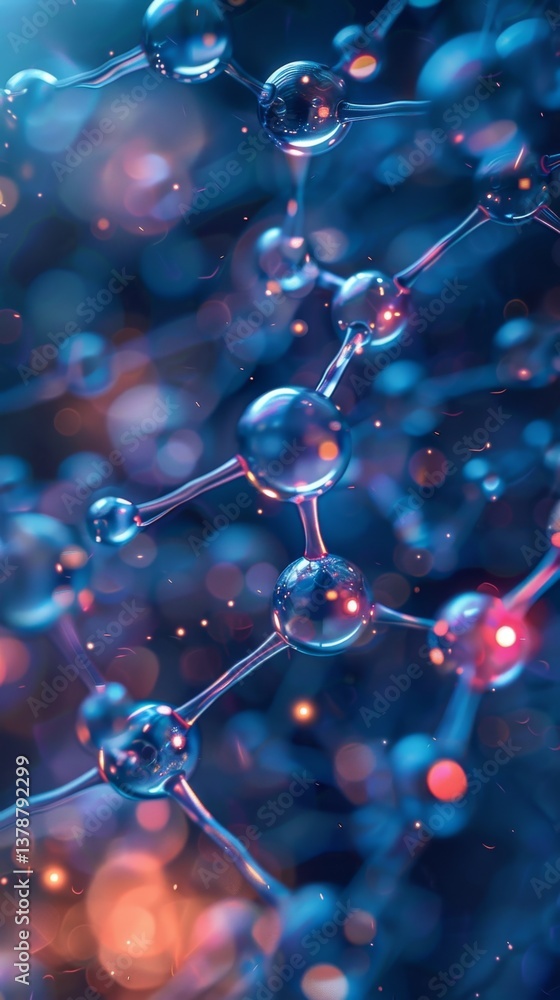 Poster stylized atomic structures transforming into engineered materials in a representation of innovative 