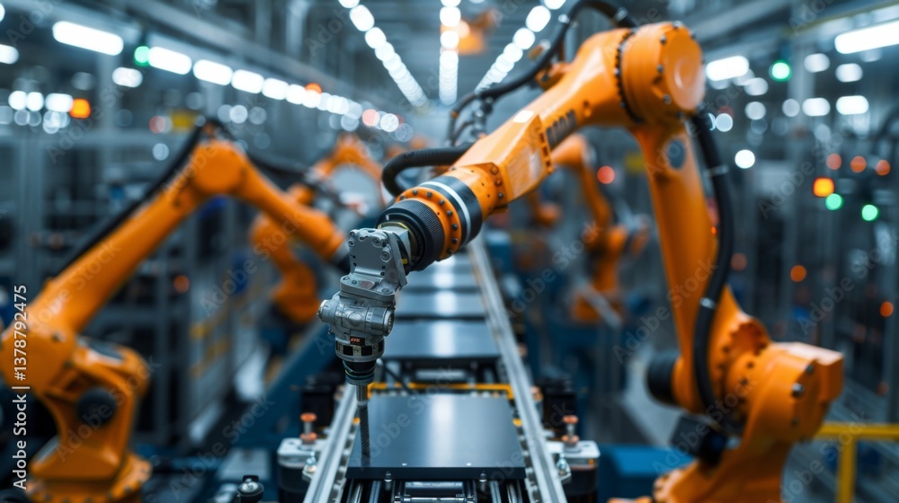 Poster dynamic view of a modern electronics assembly line with diverse workers and automated machinery coll