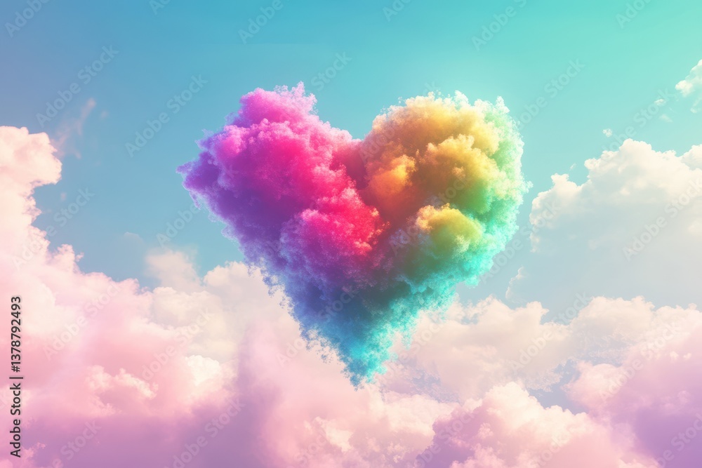 Poster 3d render of rainbow heart with clouds on sky background love concept colorful heart in the form of 