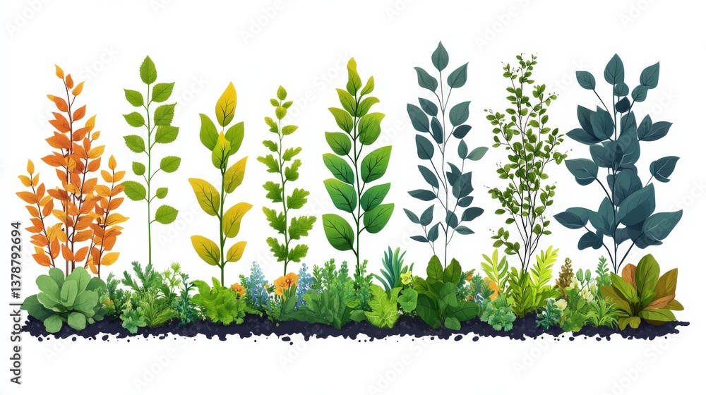 Poster colorful array of various plants and leaves arranged in a vibrant garden setting