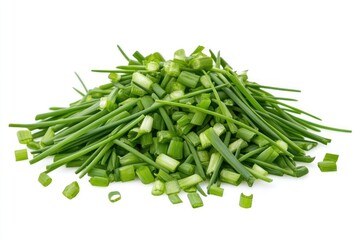 Fototapeta premium A pile of freshly chopped chives with a vibrant green color, isolated on a transparent background.