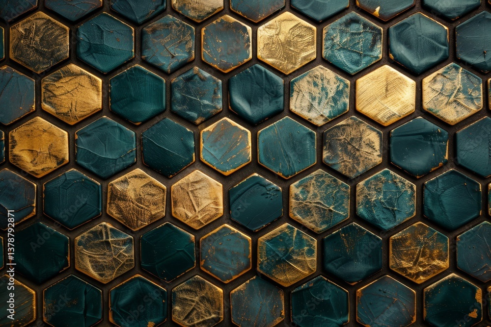 Poster elegant geometric pattern featuring interlocking hexagons in gold and deep teal for modern design ae