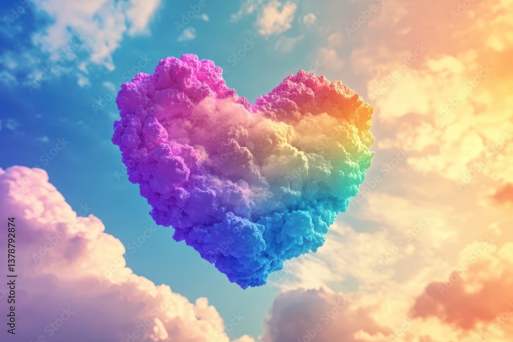 Poster 3d render of rainbow heart with clouds on sky background love concept colorful heart in the form of 