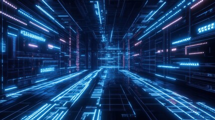 Abstract Cybernetic Tunnel with Glowing Blue Neon Lines and Complex Circuitry