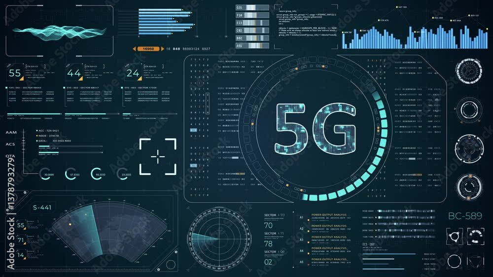 Poster motion graphic of blue digital 5g letter logo with head up display (hud ui) panel and futuristic tec