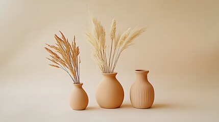 Three ceramic vases filled with decorative dried grass and plants