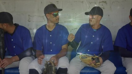 In dugout, baseball players interacting with digital network animation overlay - Powered by Adobe