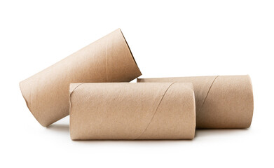 Side view of tissue paper cores or toilet paper tubes in stack after tissue paper used out in toilet or restroom isolated on white background with clipping path