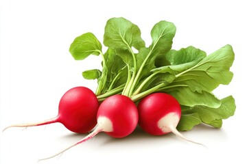 A photorealistic bunch of radishes with bright red bulbs and leafy green tops, isolated on a transparent background.