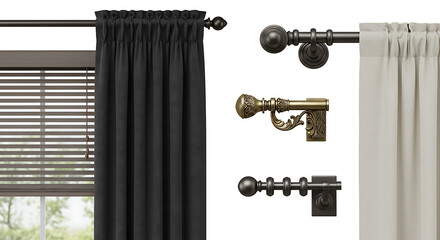 Elegant Curtains and Accessories: A stylish array of drapery, featuring dark and light fabrics, showcased with decorative curtain rods.