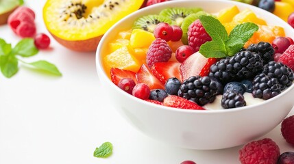 Close-up of a bowl of fresh fruit salad. the bowl is white and is placed on a white surface.