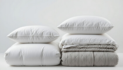 Cozy Comfort: A stack of pillows and blankets presents a harmonious arrangement, evoking a sense of relaxation and tranquility.