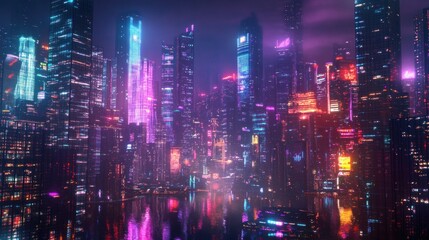 Futuristic cityscape with vibrant neon lights reflecting on water at twilight