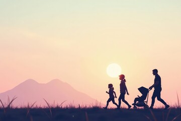 Fototapeta premium Subtle stroller silhouettes repeat on a pastel background, line art, graphic
