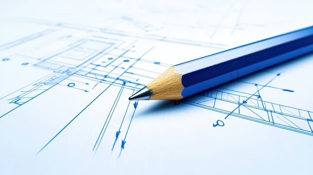 Closeup of pencil on blueprint, detailed drawings for construction, architecture, or engineering project