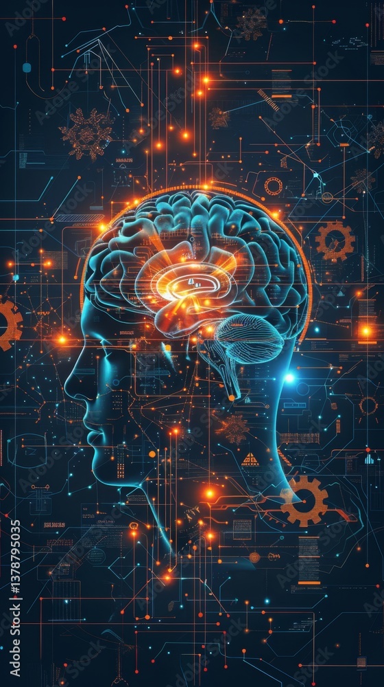 Aufkleber glowing brain integrates with factory gears to represent artificial intelligence in modern manufactu