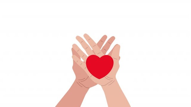 Animation of two hands holding a heart. The concept of charity, donation or volunteering. Help and support of people. A symbol of health and care.