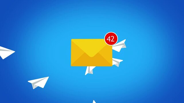 Receiving a lot of emails concept animation. with group of paper plane flying into an envelope mail with notification counter indicating multiple new messages