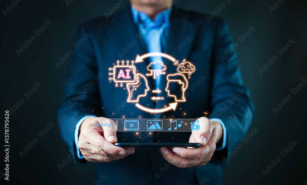 Poster engaging with an ai powered content creation interface, a businessman selects media options, highlig