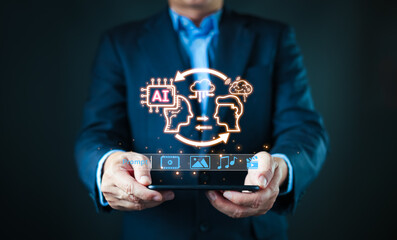 Engaging with an AI powered content creation interface, a businessman selects media options, highlighting the use of AI in research and digital innovation.