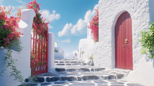 Fantastic summer vacation landscape. Santorini white architecture with red gate and pink flowers. Tranquil travel background, luxury tourism scenery, stone stairs under blue sky. 