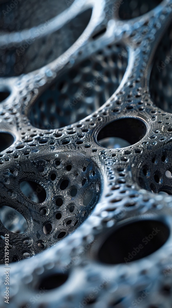 Poster macro shot revealing the intricate surface texture of a detailed 3d printed structure showcasing uni
