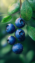 A Vibrant, Artistic Portrayal of Fresh Blueberries in a White Bowl with Green Leaves