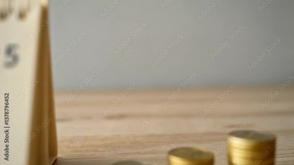 Poster calendar showing tax year twenty twenty five with stacks of coins on a wooden surface indoors