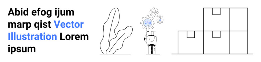 Robotic arm holding cogwheel near plant and stacked boxes representing technology, automation, logistics, manufacturing, sustainability, innovation, and simple landing page
