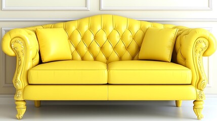 A Luxurious Yellow Sofa With Pillows Against a White Wall