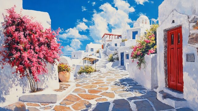 Fantastic summer vacation landscape. Santorini white architecture with red gate and pink flowers. Tranquil travel background, luxury tourism scenery, stone stairs under blue sky. 