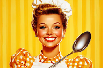 Woman smiling brightly while holding a spoon, dressed in a checked shirt and chef hat. Vibrant yellow background creates cheerful vibe. Concept of culinary arts, cooking classes, food promotion