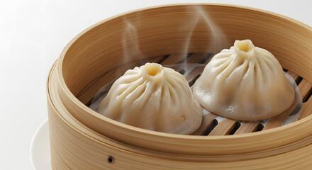 Steamed pork soup dumplings Xiao long bao in bamboo steamer, isolated on white. Traditional Asian cuisine, steamed savory meat buns. Asian gourmet snack close-up shot