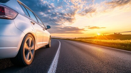 Naklejka premium car driving on beautiful road in colorful sunset landscape in summer. Nature scenery on coastline highway. Europe travel trip in sea coast road landscape. summer vacation journey on road at the beach.