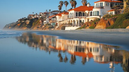 Reflection of palm trees and spanish style architecture in the water on the beach at low tide in San Clemente California with contrasting hues of turquoise and orange