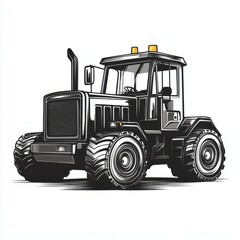 Naklejka premium Tractor in detailed black illustration showing robust design and prominent features