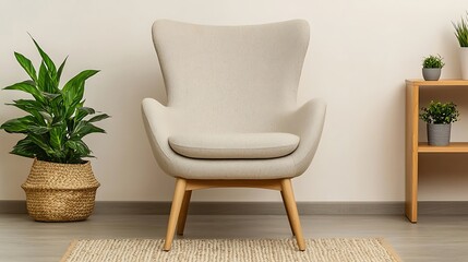 Stylish Wingback Armchair with Natural Wood Legs and Green Plants Enhancing a Minimalist Interior Design Concept.